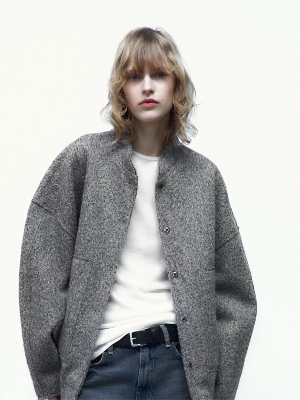 ZARA Gray Textured Bomber Jacket Snap Button Viral